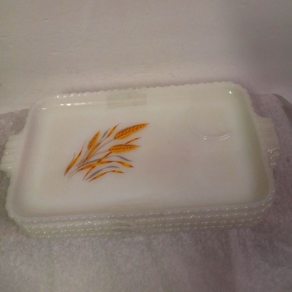 4 Vtg Oblong Fire king Golden Harvest Wheat Milk Glass Salad, Bread, Desert Tray - Picture 1 of 5